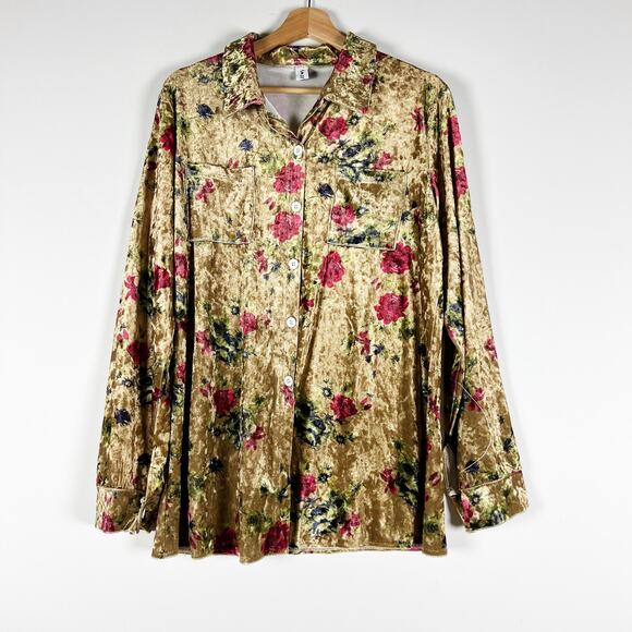 Fly Tops - Fly curvy gold velvet floral button up shirt size  XXL
